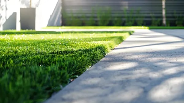 Fresh lawn edge with concrete path, modern garden detail