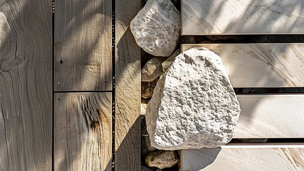 Stone and wood materials detail, natural landscaping texture
