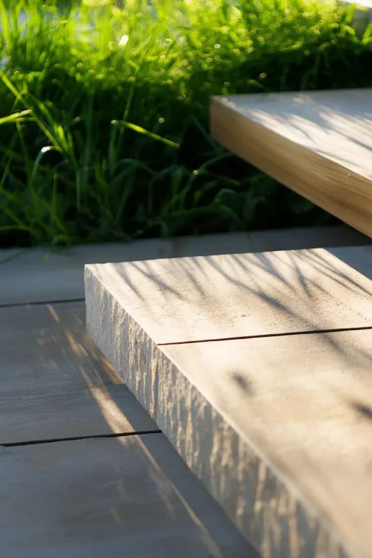 Stone steps and patio detail with greenery, clean landscaping materials and craftsmanship